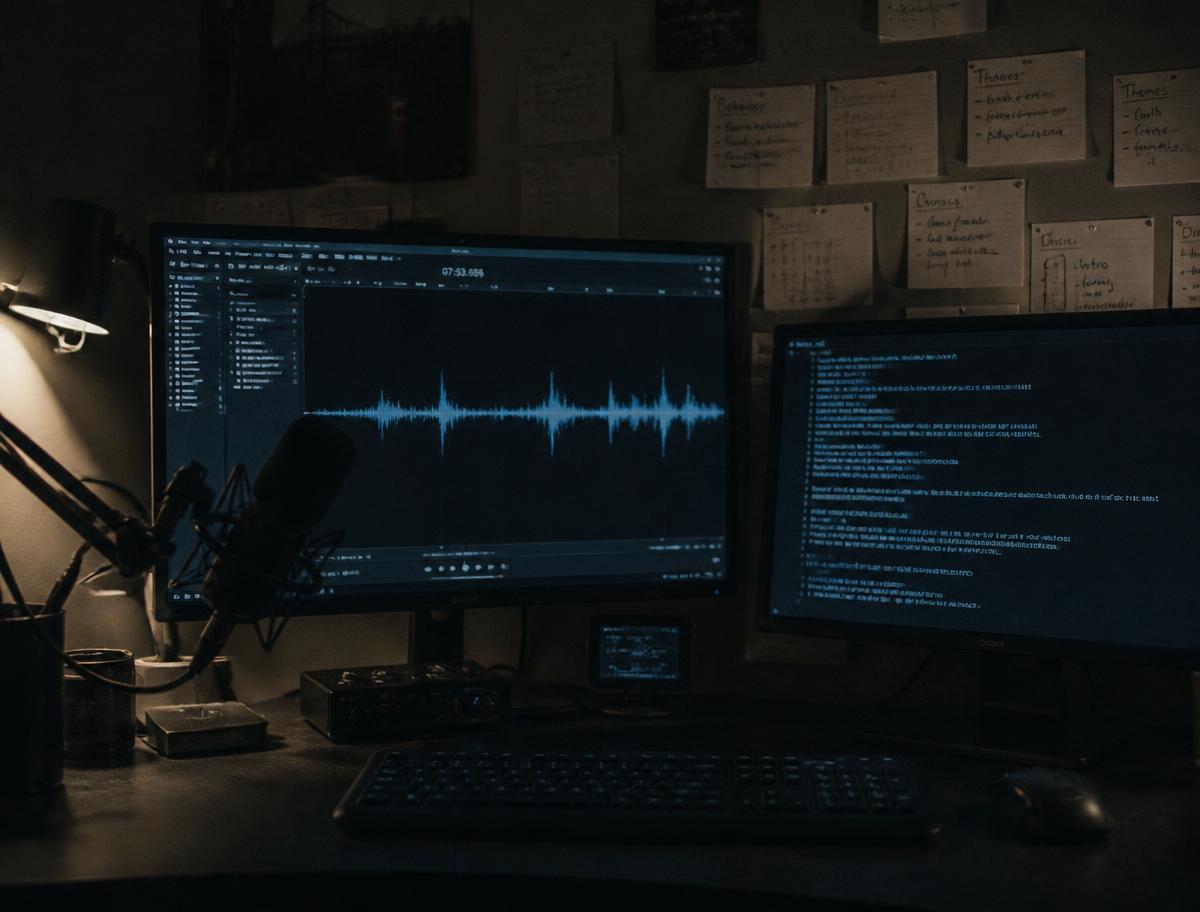 A dim desk at night with a microphone, a voice waveform, and handwritten note cards