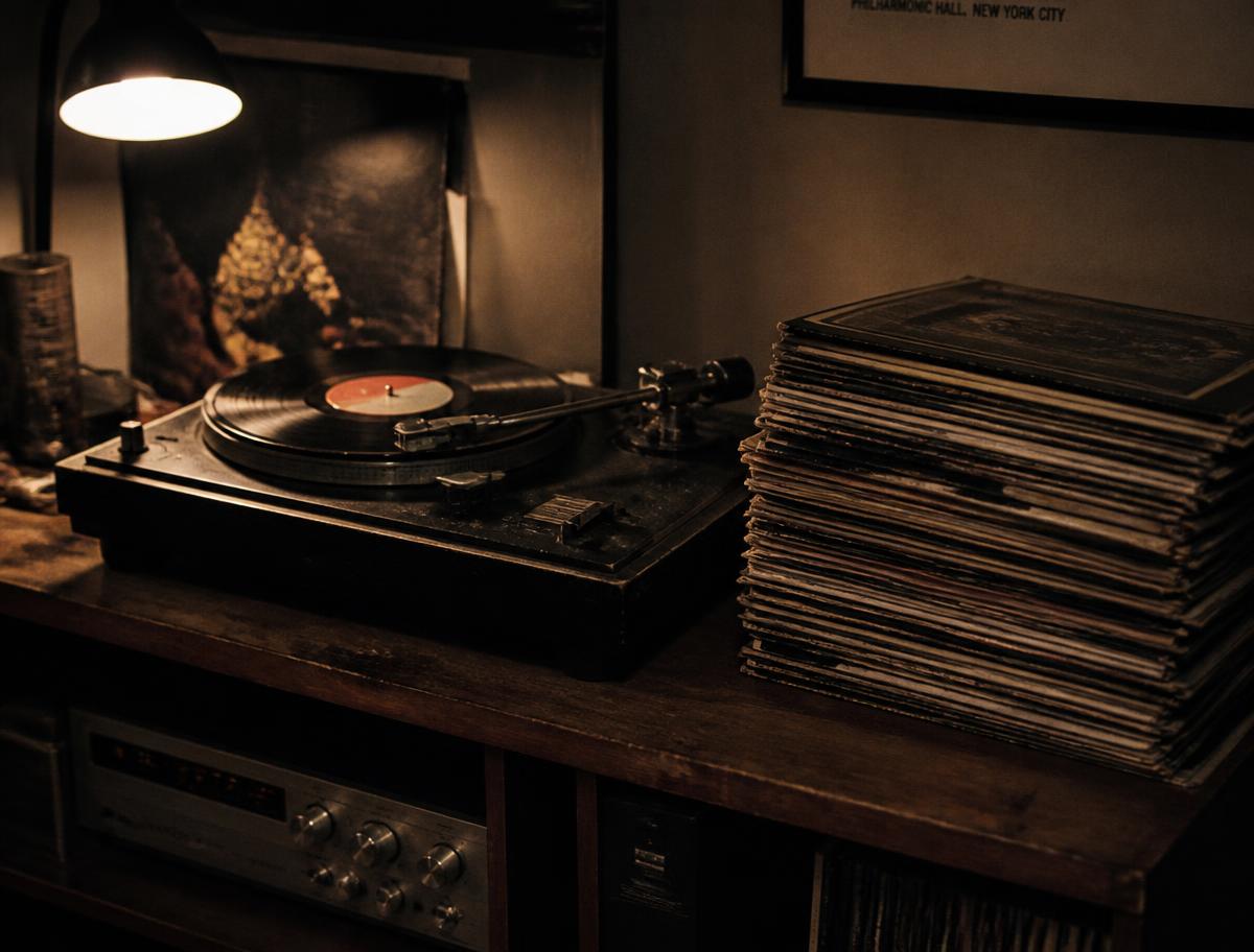 A turntable and a stack of vinyl records under warm lamplight
