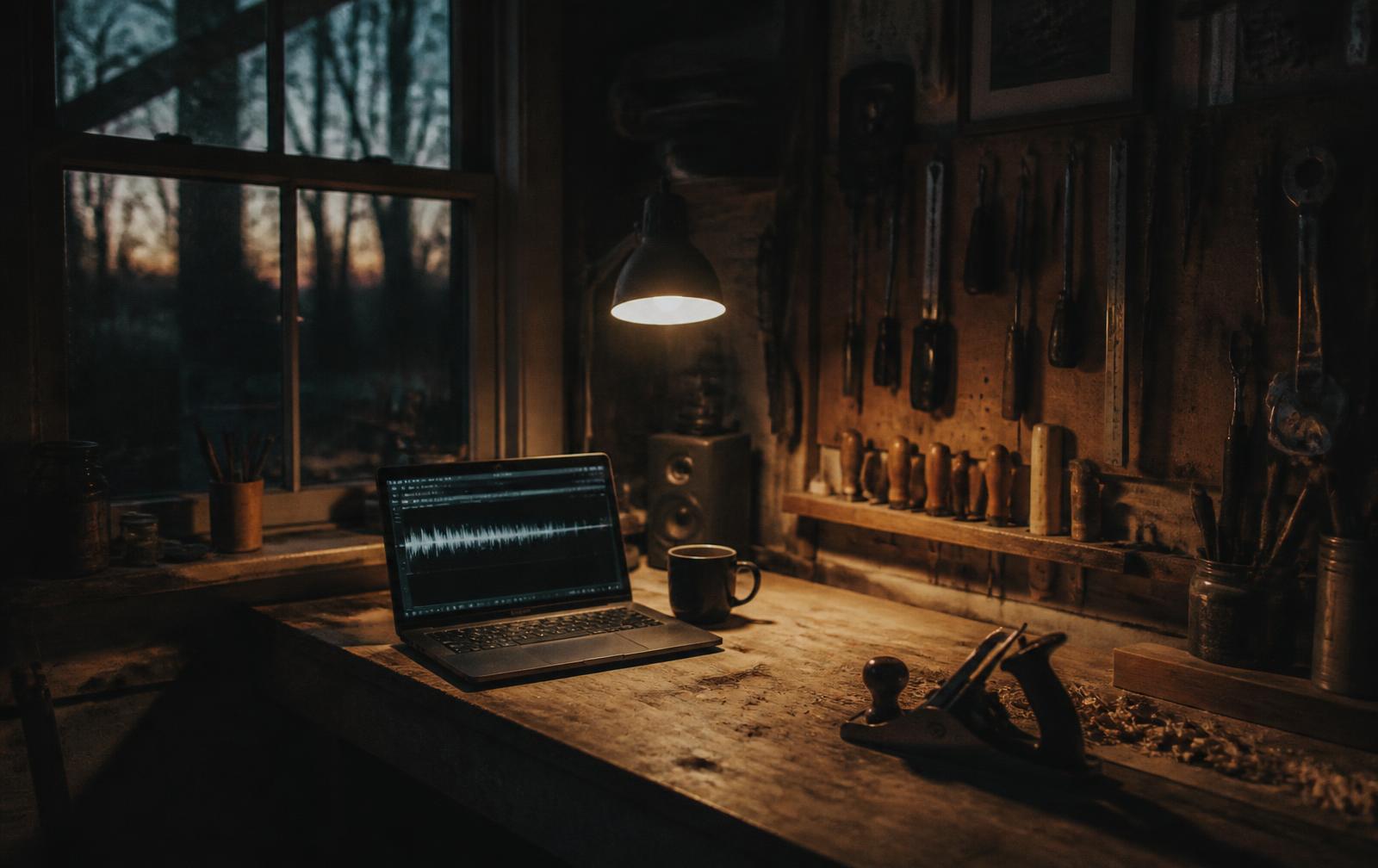 A darkened home workshop with tools on a pegboard